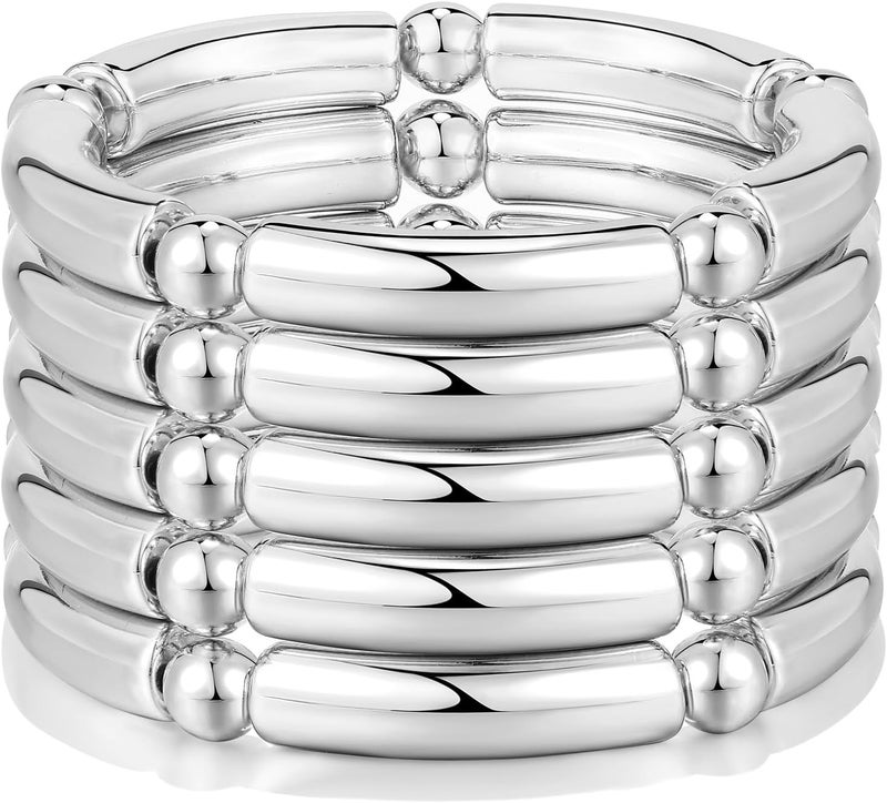 Badu Gold Chunky Bangles Bracelets For Women 14k Gold Plated Stack Layered Curved Bamboo Tube Stretch Bracelets Gift Jewelry - Image 1
